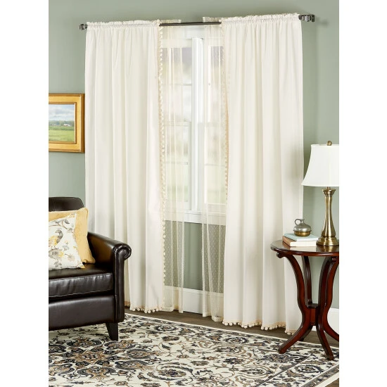 New 🎁 Vermont Country Store Classic Ball Fringe Rod Pocket Curtains White 🎁 - Image 4